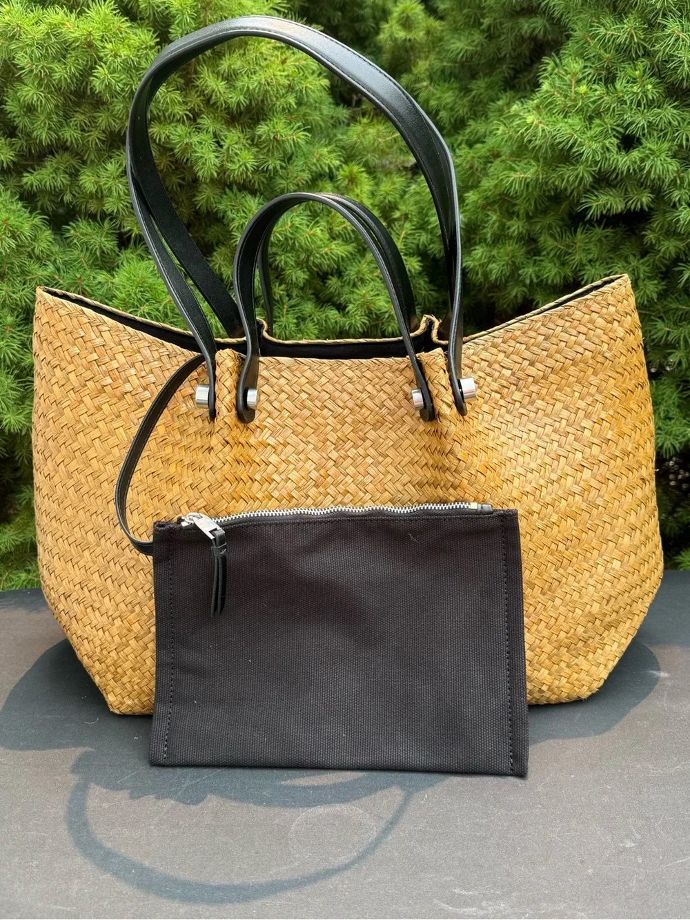 AllSaints Allington Woven Straw Tote Bag with Black Handles and Removable Pouch